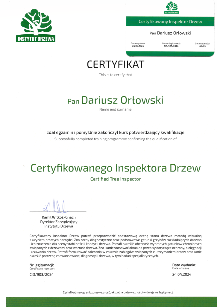 Certyfikat Inspektora Drzew 