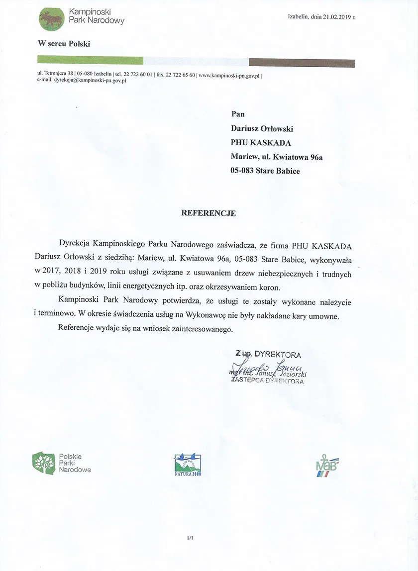 Referencje od dyrekcji Kampinowskiego Parku Narodowego