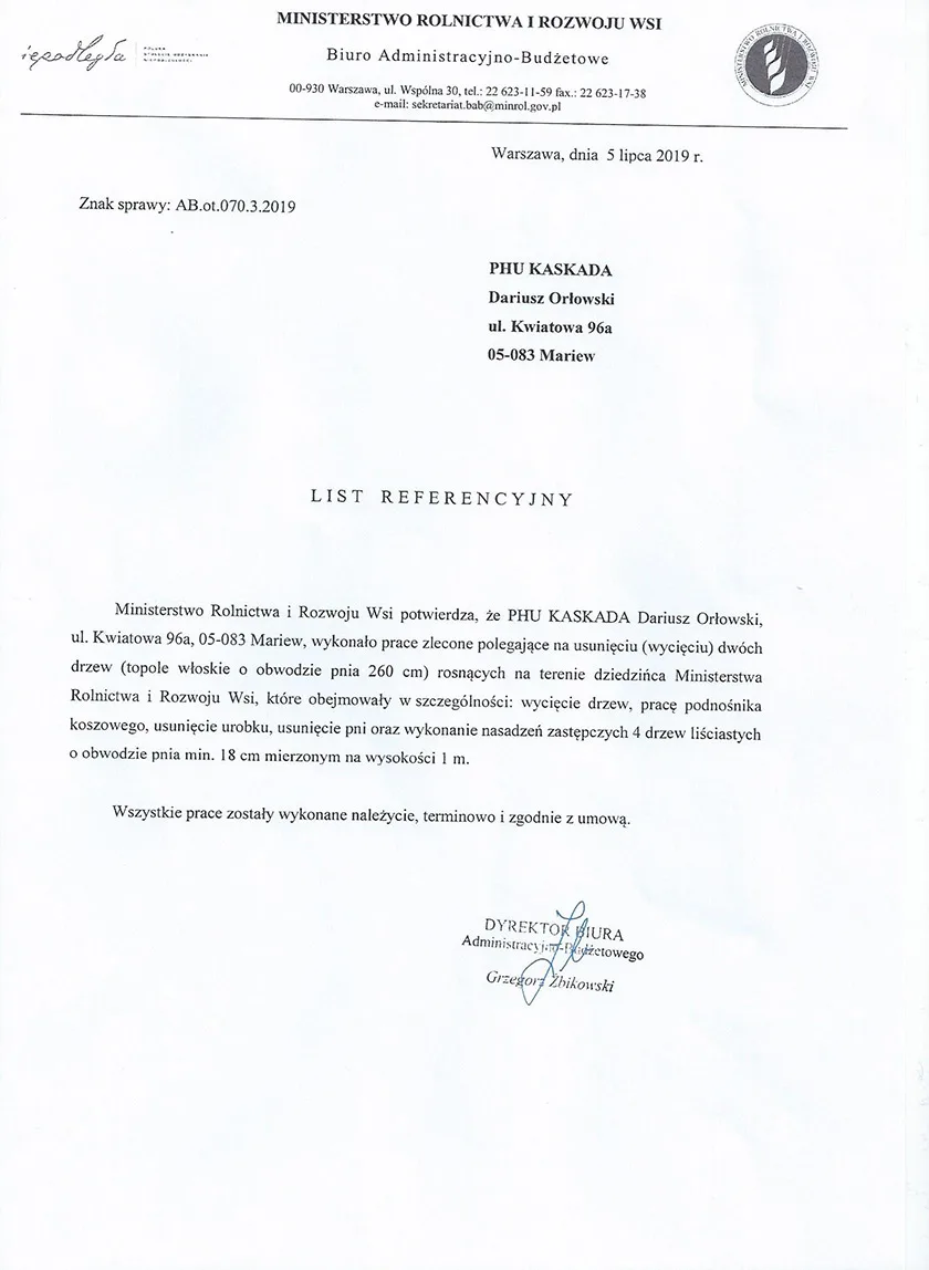 List referencyjny od Ministerstwa Rolnictwa i Rozwoju Wsi
