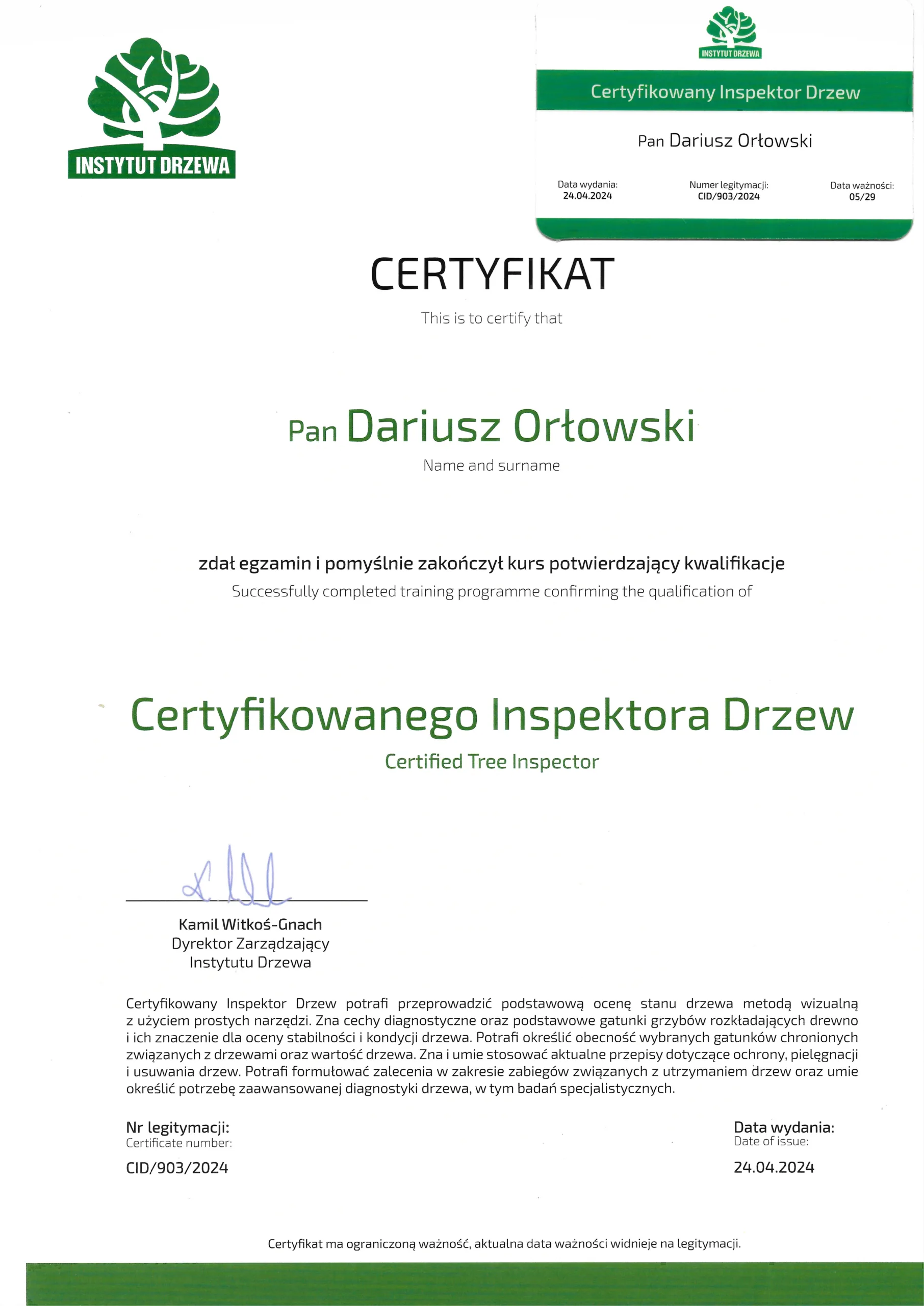 Certyfikat - Certyfikowanego Inspektora Drzew