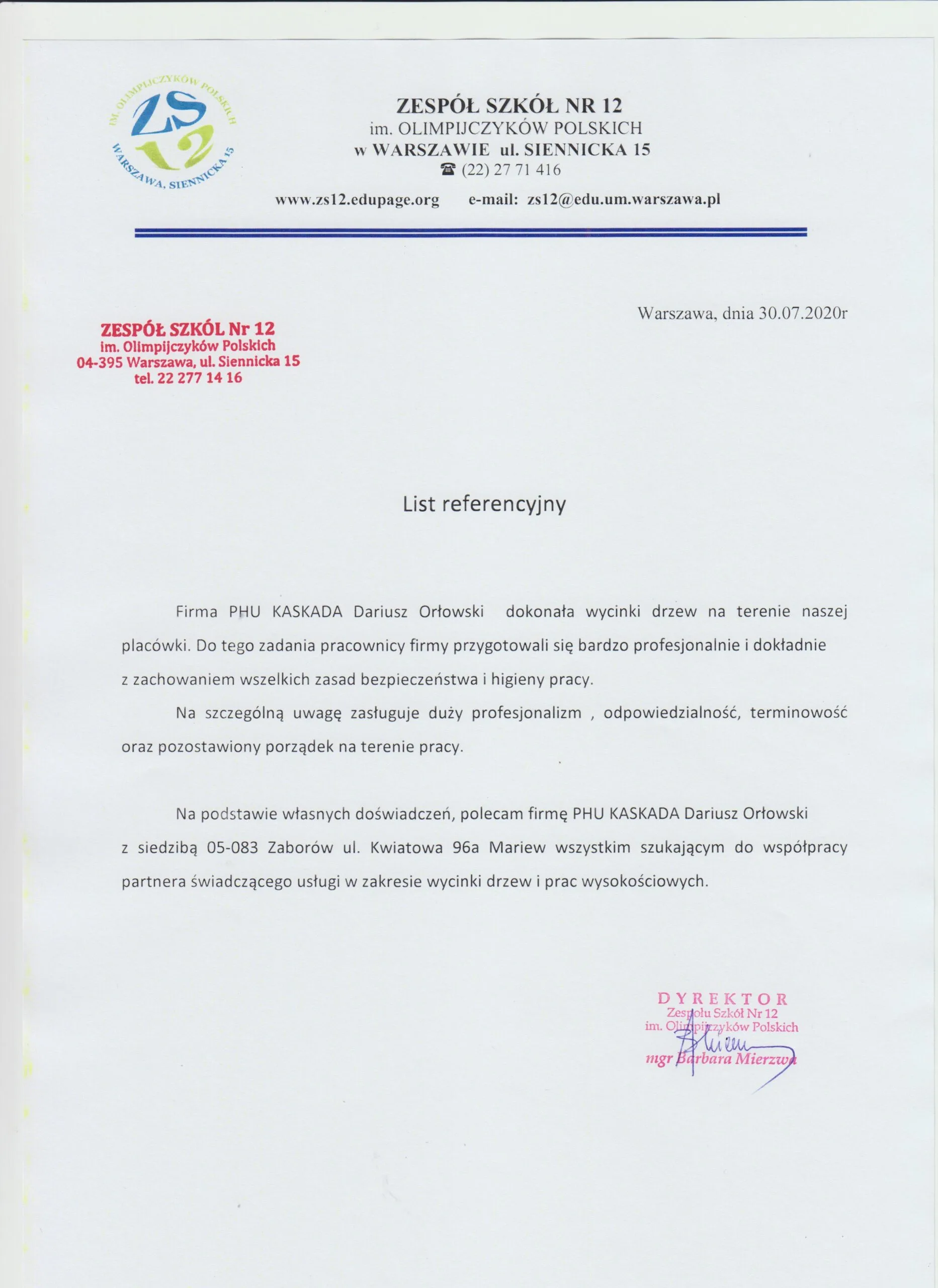 List referencyjny od Zespół Szkół im. Olimpijczyków Polskich w Warszawie